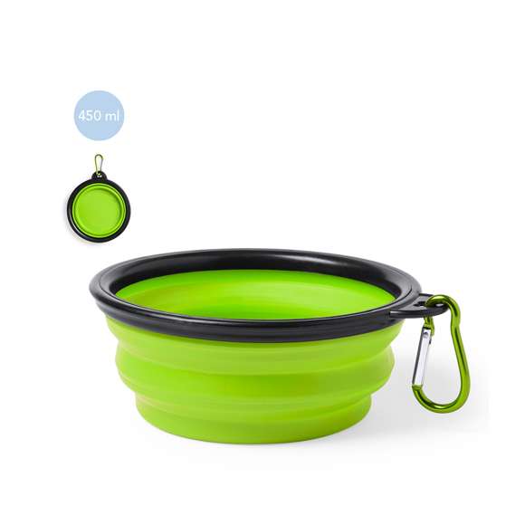Bowl plegable para mascotas en resistente material TPR. Diseñado para sólidos y líquidos, con 450ml de capacidad y mosquetón de transporte metálico a juego. Disponible en variada gama de colores.