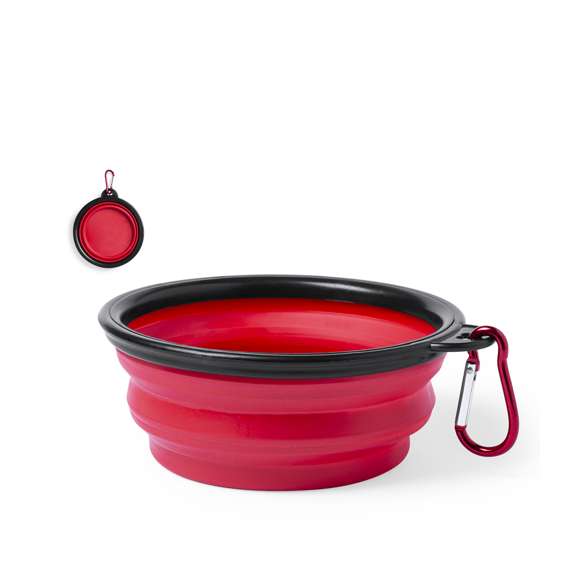 Bowl plegable para mascotas en resistente material TPR. Diseñado para sólidos y líquidos, con 450ml de capacidad y mosquetón de transporte metálico a juego. Disponible en variada gama de colores.