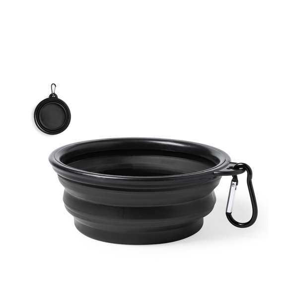 Bowl plegable para mascotas en resistente material TPR. Diseñado para sólidos y líquidos, con 450ml de capacidad y mosquetón de transporte metálico a juego. Disponible en variada gama de colores.