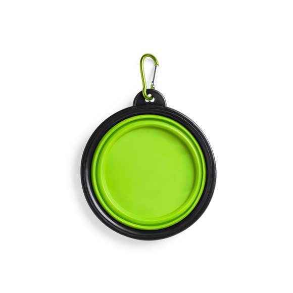 Bowl plegable para mascotas en resistente material TPR. Diseñado para sólidos y líquidos, con 450ml de capacidad y mosquetón de transporte metálico a juego. Disponible en variada gama de colores.