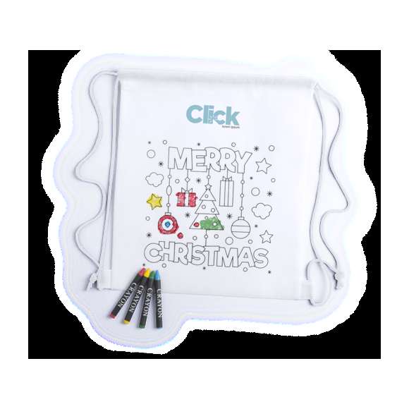 Mochila navideña infantil de non-woven en color blanco especialmente diseñada para colorear con ceras. Incluye 4 ceras en variados colores. Con cuerdas autocierre a juego y refuerzos en las esquinas. Disponible en diseños Merry Xmas y Papá Noel.