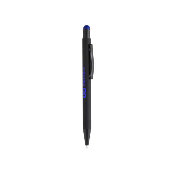 Bolígrafo puntero de mecanismo giratorio con cuerpo de acabado sólido en color negro y pulsador en variada gama de colores. Clip metálico en color negro. Especialmente diseñado para marcaje en láser y con un recubrimiento exterior especial para que tu publicidad quede perfectamente grabada, a juego con el color del puntero. Cartucho jumbo y tinta azul.