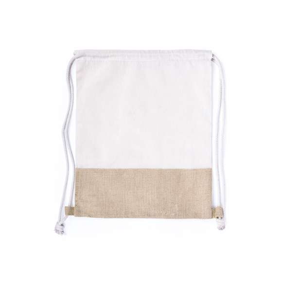 Mochila de cuerdas en línea nature, con base en resistente yute y parte superior en algodón de 120g/m2. Con cuerdas trenzadas gruesas y esquinas reforzadas.