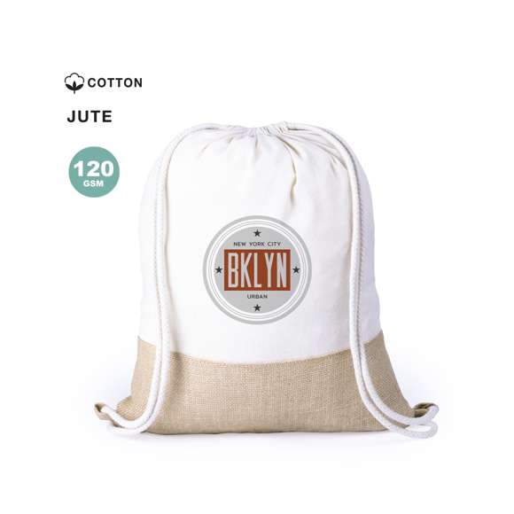 Mochila de cuerdas en línea nature, con base en resistente yute y parte superior en algodón de 120g/m2. Con cuerdas trenzadas gruesas y esquinas reforzadas.