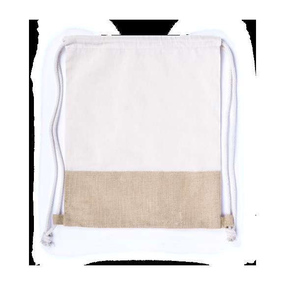 Mochila de cuerdas en línea nature, con base en resistente yute y parte superior en algodón de 120g/m2. Con cuerdas trenzadas gruesas y esquinas reforzadas.