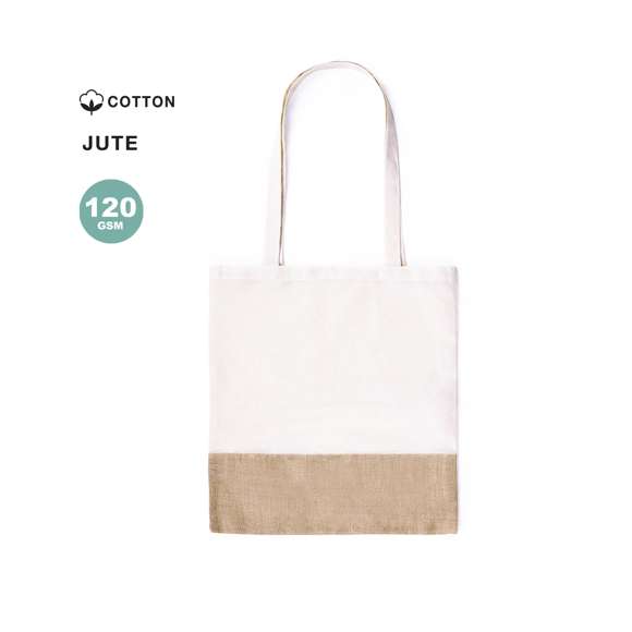 Bolsa ecológica en resistente combinación de materiales naturales -yute y algodón- de 245g/m2. Con atractivo diseño bicolor y acabado cosido. Asas largas de 70 cm reforzadas y resistencia hasta 8kg de peso.