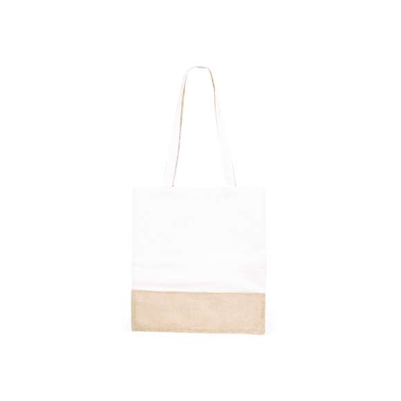Bolsa ecológica en resistente combinación de materiales naturales -yute y algodón- de 245g/m2. Con atractivo diseño bicolor y acabado cosido. Asas largas de 70 cm reforzadas y resistencia hasta 8kg de peso.