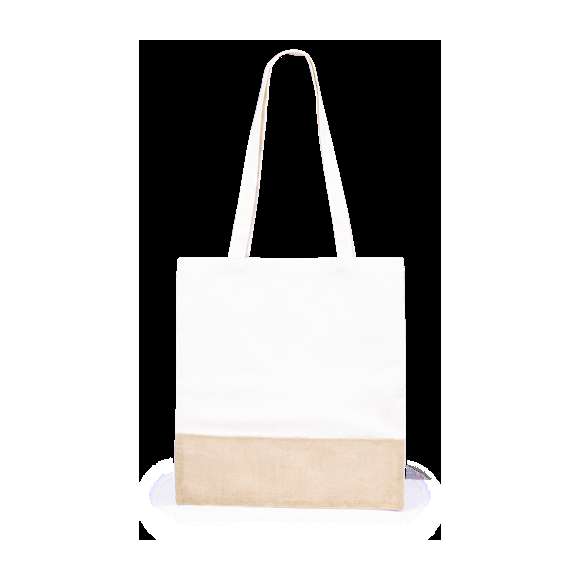 Bolsa ecológica en resistente combinación de materiales naturales -yute y algodón- de 245g/m2. Con atractivo diseño bicolor y acabado cosido. Asas largas de 70 cm reforzadas y resistencia hasta 8kg de peso.
