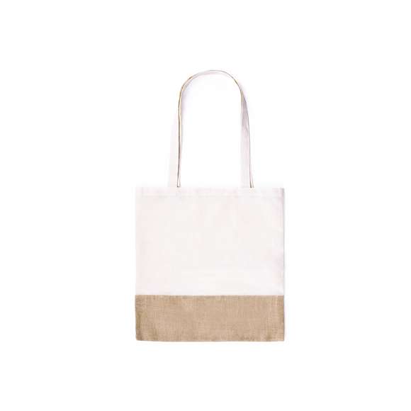 Bolsa ecológica en resistente combinación de materiales naturales -yute y algodón- de 245g/m2. Con atractivo diseño bicolor y acabado cosido. Asas largas de 70 cm reforzadas y resistencia hasta 8kg de peso.