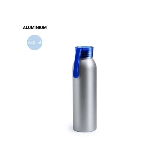 Bidón de aluminio de 650 ml de capacidad. Cuerpo en color plateado, con tapón de seguridad a rosca en variada gama de colores transparentes. Cinta de transporte en material TPR a juego.