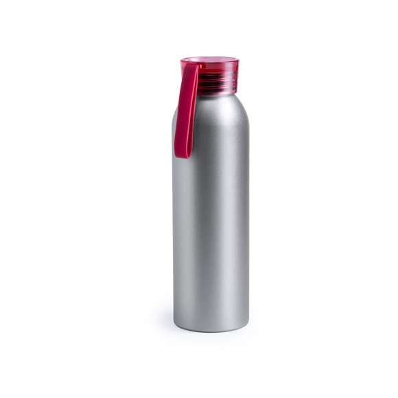 Bidón de aluminio de 650 ml de capacidad. Cuerpo en color plateado, con tapón de seguridad a rosca en variada gama de colores transparentes. Cinta de transporte en material TPR a juego.