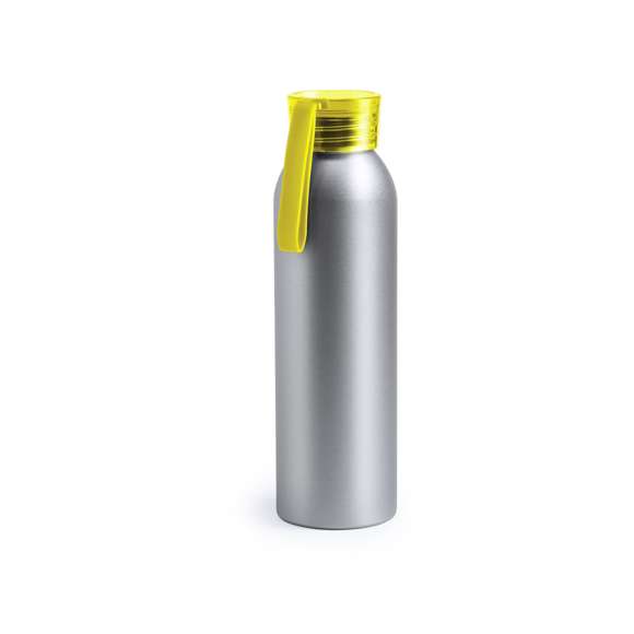 Bidón de aluminio de 650 ml de capacidad. Cuerpo en color plateado, con tapón de seguridad a rosca en variada gama de colores transparentes. Cinta de transporte en material TPR a juego.