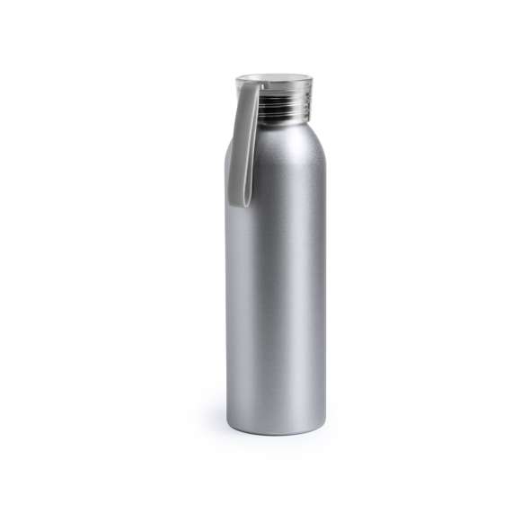 Bidón de aluminio de 650 ml de capacidad. Cuerpo en color plateado, con tapón de seguridad a rosca en variada gama de colores transparentes. Cinta de transporte en material TPR a juego.
