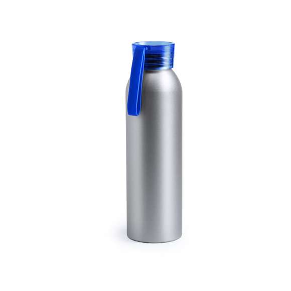 Bidón de aluminio de 650 ml de capacidad. Cuerpo en color plateado, con tapón de seguridad a rosca en variada gama de colores transparentes. Cinta de transporte en material TPR a juego.