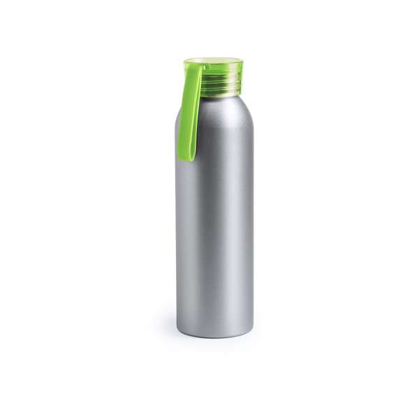 Bidón de aluminio de 650 ml de capacidad. Cuerpo en color plateado, con tapón de seguridad a rosca en variada gama de colores transparentes. Cinta de transporte en material TPR a juego.