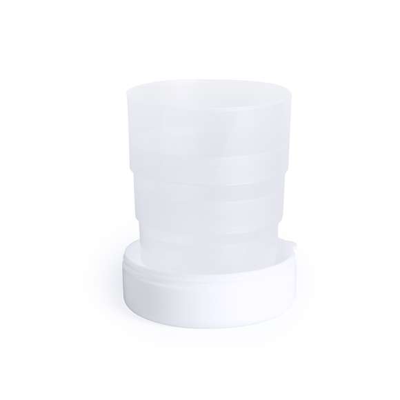 Original vaso plegable para emergencias en elegante color blanco. De 220ml de capacidad y pastillero con tapa integrado en el tapón. Con mosquetón metálico de transporte.
