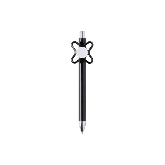 Original bolígrafo spinner antiestrés de mecanismo pulsador y divertido diseño con accesorios en color plateado y cuerpo de acabado sólido en colores brillantes. Especialmente diseñado para tampografía en clip y en cuerpo. De cartucho jumbo y en tinta azul.