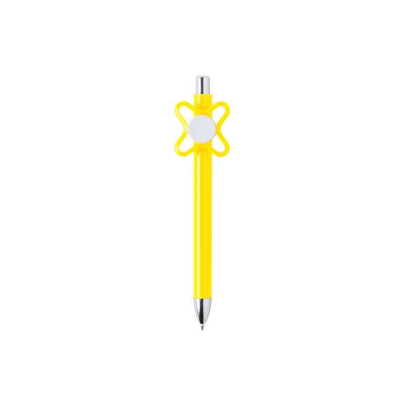 Original bolígrafo spinner antiestrés de mecanismo pulsador y divertido diseño con accesorios en color plateado y cuerpo de acabado sólido en colores brillantes. Especialmente diseñado para tampografía en clip y en cuerpo. De cartucho jumbo y en tinta azul.