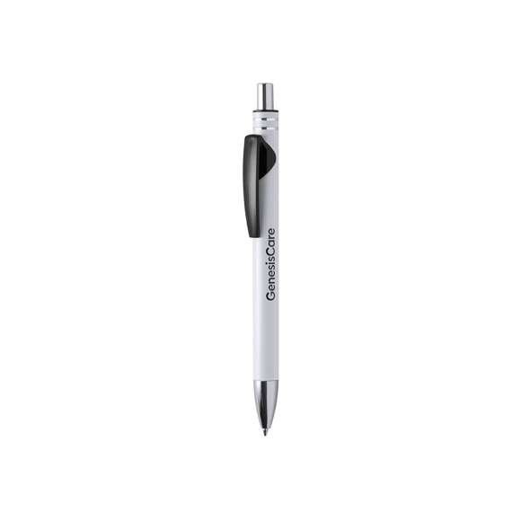 Bolígrafo de mecanismo pulsador con cuerpo de aluminio, acabado sólido en color blanco y clip en variada gama de colores metalizados de acabado brillante. Clip con amplia superficie de impresión. Especialmente diseñado para marcaje en láser y con un recubrimiento exterior especial para que tu publicidad quede perfectamente grabada, a juego con el color del clip. Tinta azul.
