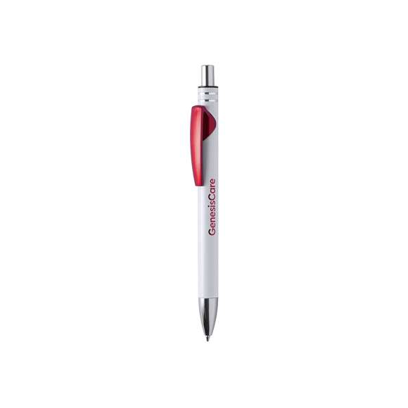 Bolígrafo de mecanismo pulsador con cuerpo de aluminio, acabado sólido en color blanco y clip en variada gama de colores metalizados de acabado brillante. Clip con amplia superficie de impresión. Especialmente diseñado para marcaje en láser y con un recubrimiento exterior especial para que tu publicidad quede perfectamente grabada, a juego con el color del clip. Tinta azul.