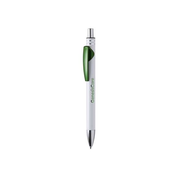 Bolígrafo de mecanismo pulsador con cuerpo de aluminio, acabado sólido en color blanco y clip en variada gama de colores metalizados de acabado brillante. Clip con amplia superficie de impresión. Especialmente diseñado para marcaje en láser y con un recubrimiento exterior especial para que tu publicidad quede perfectamente grabada, a juego con el color del clip. Tinta azul.