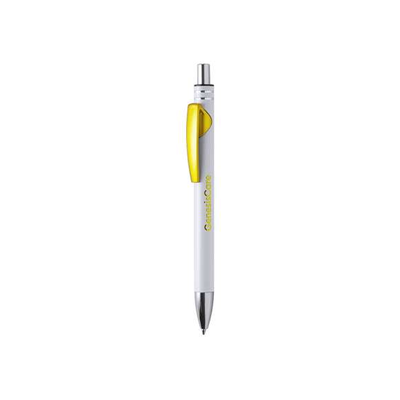 Bolígrafo de mecanismo pulsador con cuerpo de aluminio, acabado sólido en color blanco y clip en variada gama de colores metalizados de acabado brillante. Clip con amplia superficie de impresión. Especialmente diseñado para marcaje en láser y con un recubrimiento exterior especial para que tu publicidad quede perfectamente grabada, a juego con el color del clip. Tinta azul.