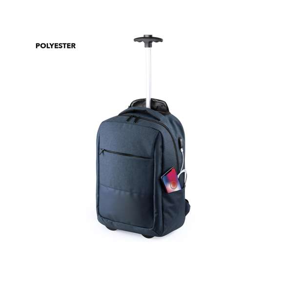 Mochila trolley en resistente poliéster 300D. Con conexión USB -powerbank no incuido- y bolsillo interior acolchado para ordenador portátil de hasta 15 pulgadas y compartimento para tablet de hasta 10 pulgadas. Bolsillo principal con doble tirador, bolsillos lateral y frontal. Compartimento para mecanismo de trolley con cierre de cremallera, asa reforzada y accesorio cubre ruedas con fijación de velcro. Espalda acolchada y cintas de hombros ajustables con acolchado.