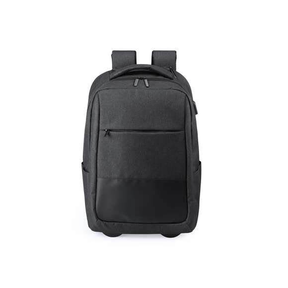 Mochila trolley en resistente poliéster 300D. Con conexión USB -powerbank no incuido- y bolsillo interior acolchado para ordenador portátil de hasta 15 pulgadas y compartimento para tablet de hasta 10 pulgadas. Bolsillo principal con doble tirador, bolsillos lateral y frontal. Compartimento para mecanismo de trolley con cierre de cremallera, asa reforzada y accesorio cubre ruedas con fijación de velcro. Espalda acolchada y cintas de hombros ajustables con acolchado.