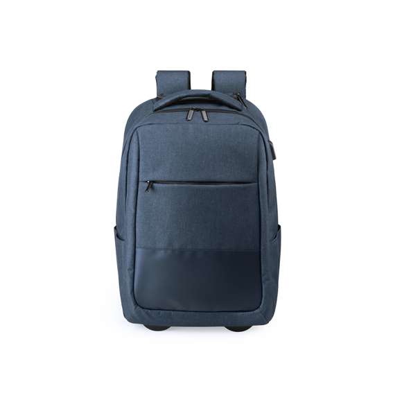Mochila trolley en resistente poliéster 300D. Con conexión USB -powerbank no incuido- y bolsillo interior acolchado para ordenador portátil de hasta 15 pulgadas y compartimento para tablet de hasta 10 pulgadas. Bolsillo principal con doble tirador, bolsillos lateral y frontal. Compartimento para mecanismo de trolley con cierre de cremallera, asa reforzada y accesorio cubre ruedas con fijación de velcro. Espalda acolchada y cintas de hombros ajustables con acolchado.