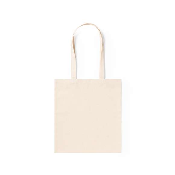 Bolsa en resistente material 100% algodón de 140g/m2 con acabado en color natural. Con asas largas de 70cm y acabado cosido. Resistencia hasta 7kg de peso.