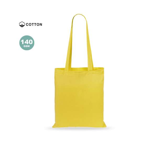 Bolsa fabricada en suave 100% algodón de 140g/m2. Con asas largas reforzadas de 70cm disponible en una amplia gama de colores. Resistencia de hasta 7kg de peso.