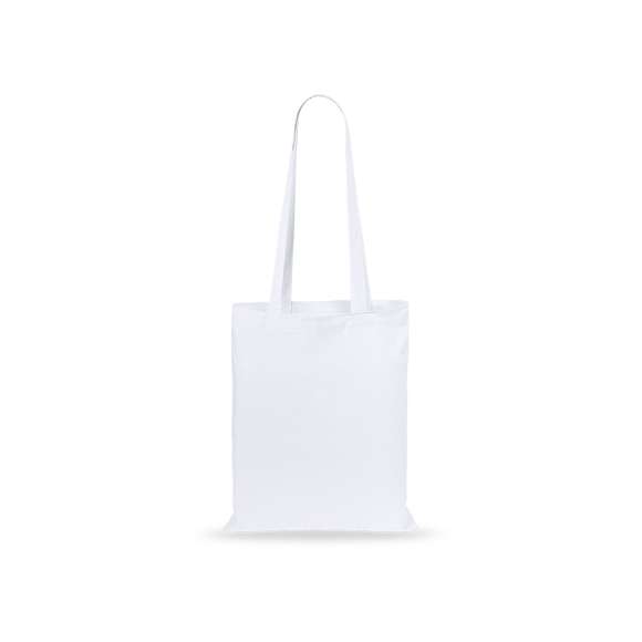 Bolsa fabricada en suave 100% algodón de 140g/m2. Con asas largas reforzadas de 70cm disponible en una amplia gama de colores. Resistencia de hasta 7kg de peso.