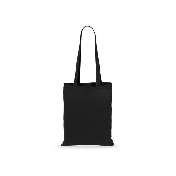 Bolsa fabricada en suave 100% algodón de 140g/m2. Con asas largas reforzadas de 70cm disponible en una amplia gama de colores. Resistencia de hasta 7kg de peso.