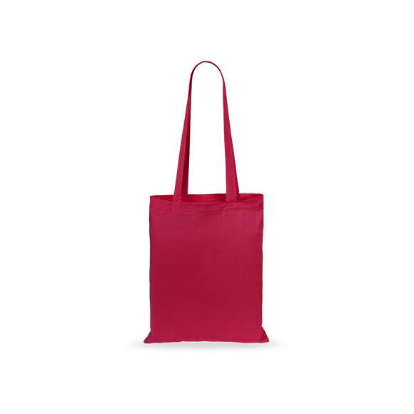Bolsa fabricada en suave 100% algodón de 140g/m2. Con asas largas reforzadas de 70cm disponible en una amplia gama de colores. Resistencia de hasta 7kg de peso.