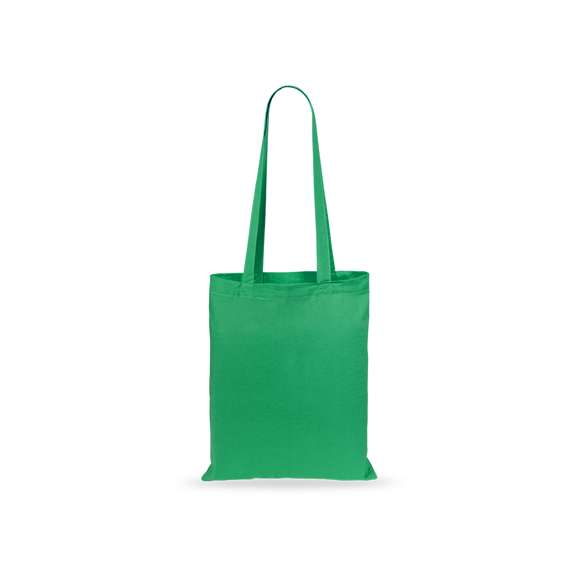 Bolsa fabricada en suave 100% algodón de 140g/m2. Con asas largas reforzadas de 70cm disponible en una amplia gama de colores. Resistencia de hasta 7kg de peso.