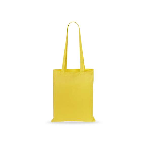 Bolsa fabricada en suave 100% algodón de 140g/m2. Con asas largas reforzadas de 70cm disponible en una amplia gama de colores. Resistencia de hasta 7kg de peso.