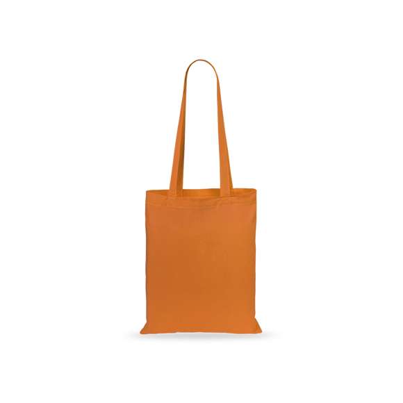 Bolsa fabricada en suave 100% algodón de 140g/m2. Con asas largas reforzadas de 70cm disponible en una amplia gama de colores. Resistencia de hasta 7kg de peso.
