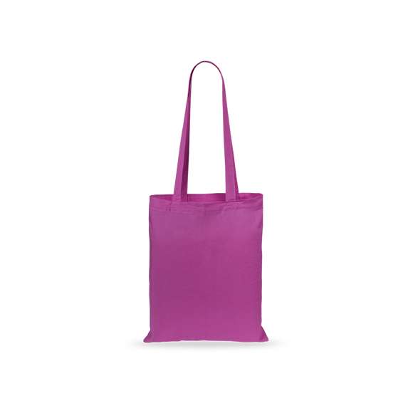 Bolsa fabricada en suave 100% algodón de 140g/m2. Con asas largas reforzadas de 70cm disponible en una amplia gama de colores. Resistencia de hasta 7kg de peso.