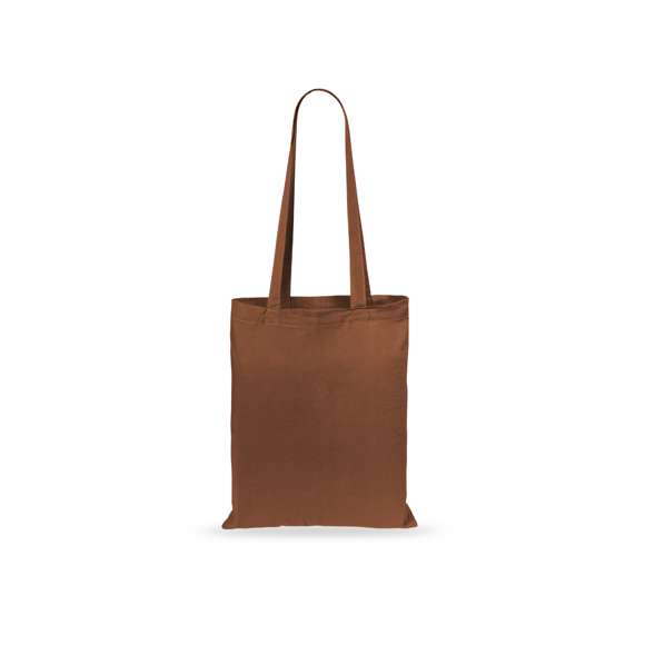 Bolsa fabricada en suave 100% algodón de 140g/m2. Con asas largas reforzadas de 70cm disponible en una amplia gama de colores. Resistencia de hasta 7kg de peso.