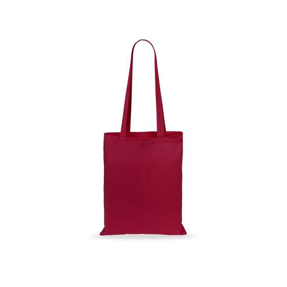 Bolsa fabricada en suave 100% algodón de 140g/m2. Con asas largas reforzadas de 70cm disponible en una amplia gama de colores. Resistencia de hasta 7kg de peso.