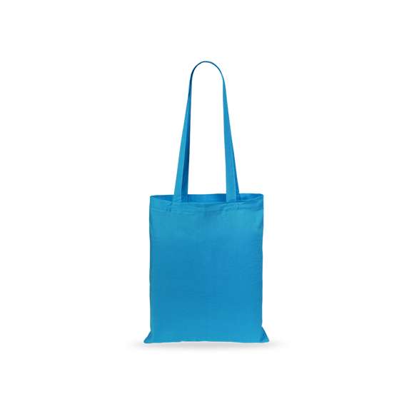 Bolsa fabricada en suave 100% algodón de 140g/m2. Con asas largas reforzadas de 70cm disponible en una amplia gama de colores. Resistencia de hasta 7kg de peso.
