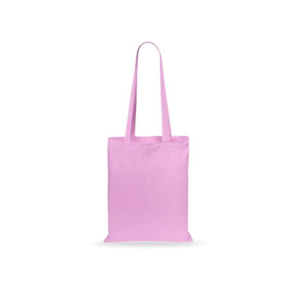 Bolsa fabricada en suave 100% algodón de 140g/m2. Con asas largas reforzadas de 70cm disponible en una amplia gama de colores. Resistencia de hasta 7kg de peso.
