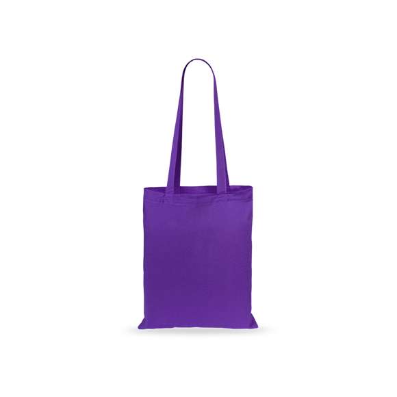 Bolsa fabricada en suave 100% algodón de 140g/m2. Con asas largas reforzadas de 70cm disponible en una amplia gama de colores. Resistencia de hasta 7kg de peso.