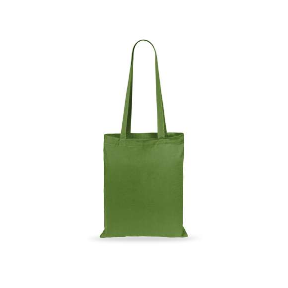 Bolsa fabricada en suave 100% algodón de 140g/m2. Con asas largas reforzadas de 70cm disponible en una amplia gama de colores. Resistencia de hasta 7kg de peso.