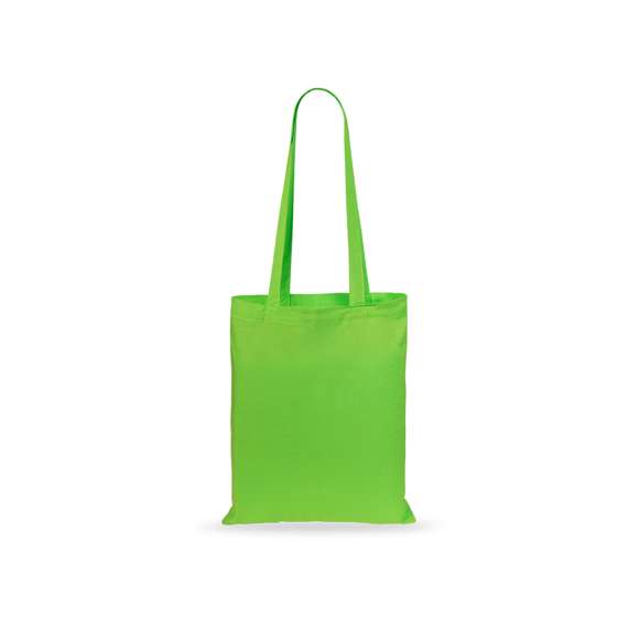 Bolsa fabricada en suave 100% algodón de 140g/m2. Con asas largas reforzadas de 70cm disponible en una amplia gama de colores. Resistencia de hasta 7kg de peso.