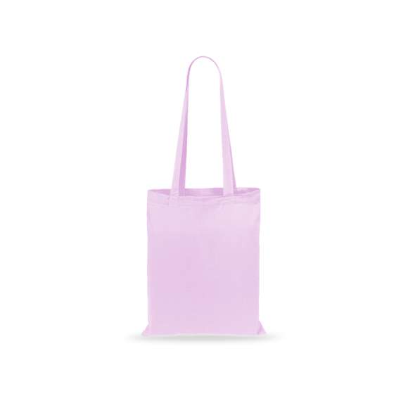 Bolsa fabricada en suave 100% algodón de 140g/m2. Con asas largas reforzadas de 70cm disponible en una amplia gama de colores. Resistencia de hasta 7kg de peso.