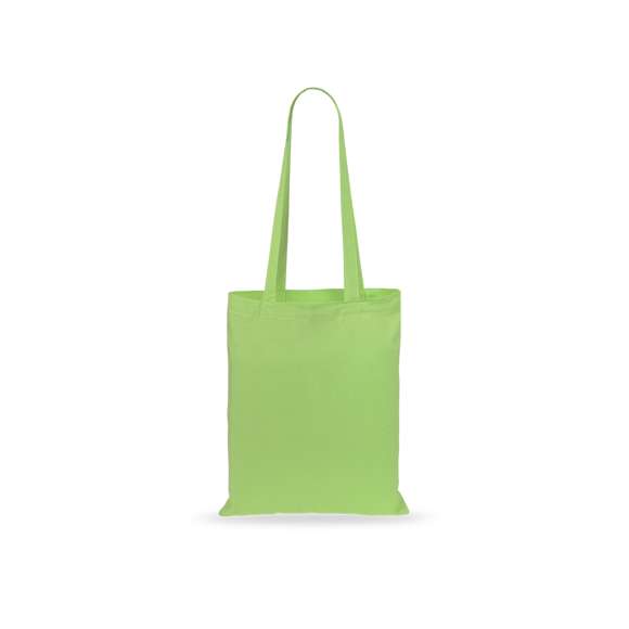 Bolsa fabricada en suave 100% algodón de 140g/m2. Con asas largas reforzadas de 70cm disponible en una amplia gama de colores. Resistencia de hasta 7kg de peso.