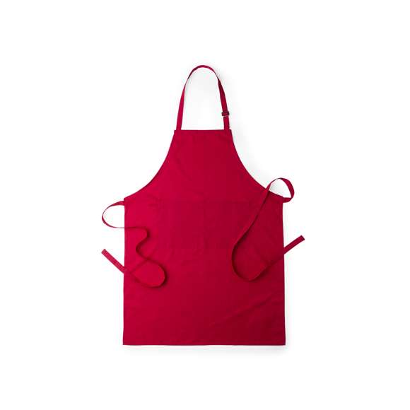 Delantal de alta calidad en material TC -combinado de algodón y poliéster-. En variada gama de vivos colores, con bolsillo doble frontal y cintas de cuello con ajustador. De corte por debajo de la rodilla.