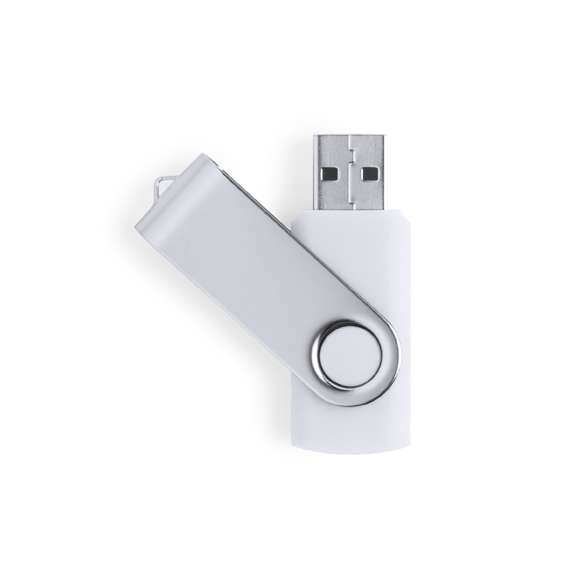 Memoria USB de 32GB de capacidad, con mecanismo giratorio, cuerpo de suave acabado y clip metálico. Presentada en estuche individual.