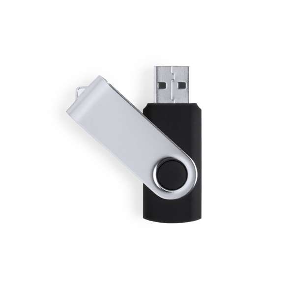 Memoria USB de 32GB de capacidad, con mecanismo giratorio, cuerpo de suave acabado y clip metálico. Presentada en estuche individual.